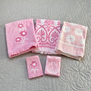 Vintage Bath Towel Washcloth Lot of 5 Pink White Floral Terrycloth Martex Cannon